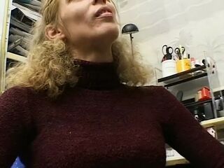 Curly Platinum-Blonde Solo in the Office