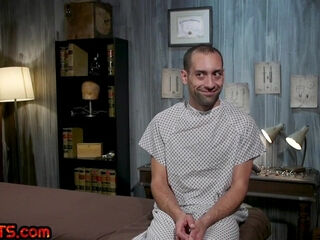 Dominant TS nurse in latex corset barebacks facial patient