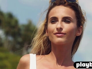 Small tits blonde MILF posing outdoor