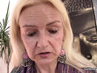 Platinum-Blonde thin oldie railing his meaty meat