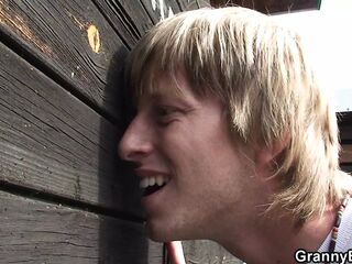 He ravages buxomy light-haired grannie in public dressing cubicle