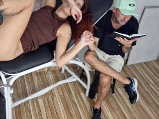 Skinny girl got fucked in a doctor's office, while her man was reading a book