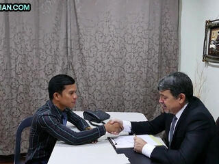 Asian twink barebacked by white business DILF in office