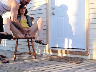 The cougar can't help herself but to squirt right on the neighbour's doorstep