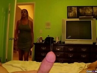 Horny milf jerks off a young dude