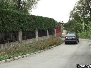 Aged ash-blonde grannie likes railing prick