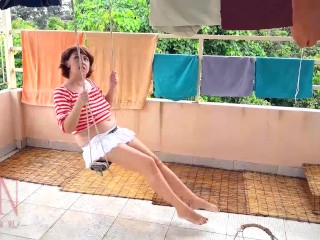 'Naked laundry. The maid is drying clothes in the laundry.'