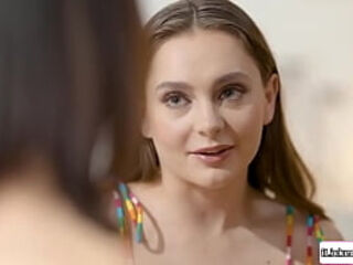 Lesbian teen tribbing with busty stepmom