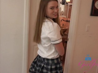 'Good girl in schoolgirl uniform gives roadhead POV Blowjob car sex Mazy Myers'