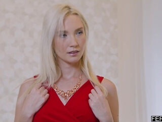 Horny MILF Blonde Claire Roos fucked her tailor in new red dress