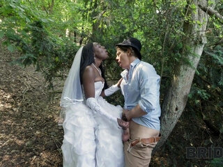 Amazing black girl dressed like a bride has passionate sex with her lover outside in the woods